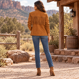 Womens Tan Suede Fringe Jacket, Western Boho Button Front Coat with Notched Collar and Patch Pockets
