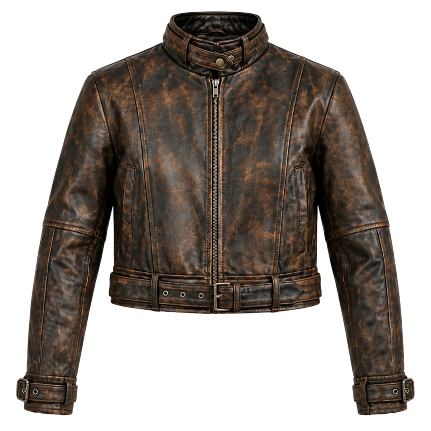 Men's Distressed Brown Leather Biker Jacket, Belted Waist Moto Style with Stand Collar and Buckled Cuffs