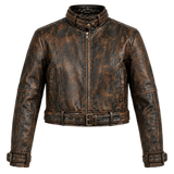 Men's Distressed Brown Leather Biker Jacket, Belted Waist Moto Style with Stand Collar and Buckled Cuffs
