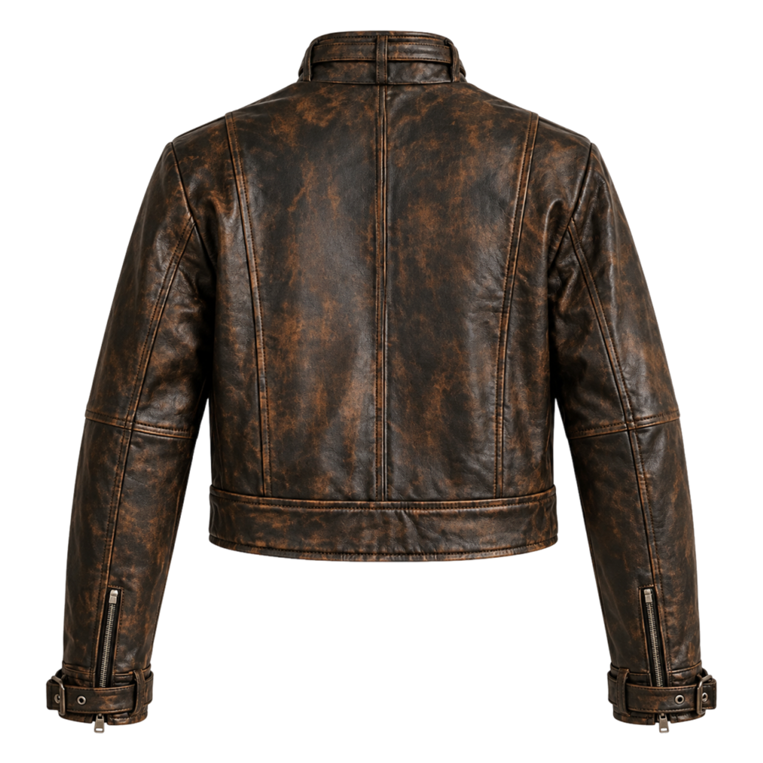 Men's Distressed Brown Leather Biker Jacket, Belted Waist Moto Style with Stand Collar and Buckled Cuffs