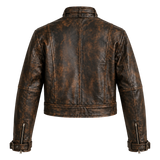 Men's Distressed Brown Leather Biker Jacket, Belted Waist Moto Style with Stand Collar and Buckled Cuffs