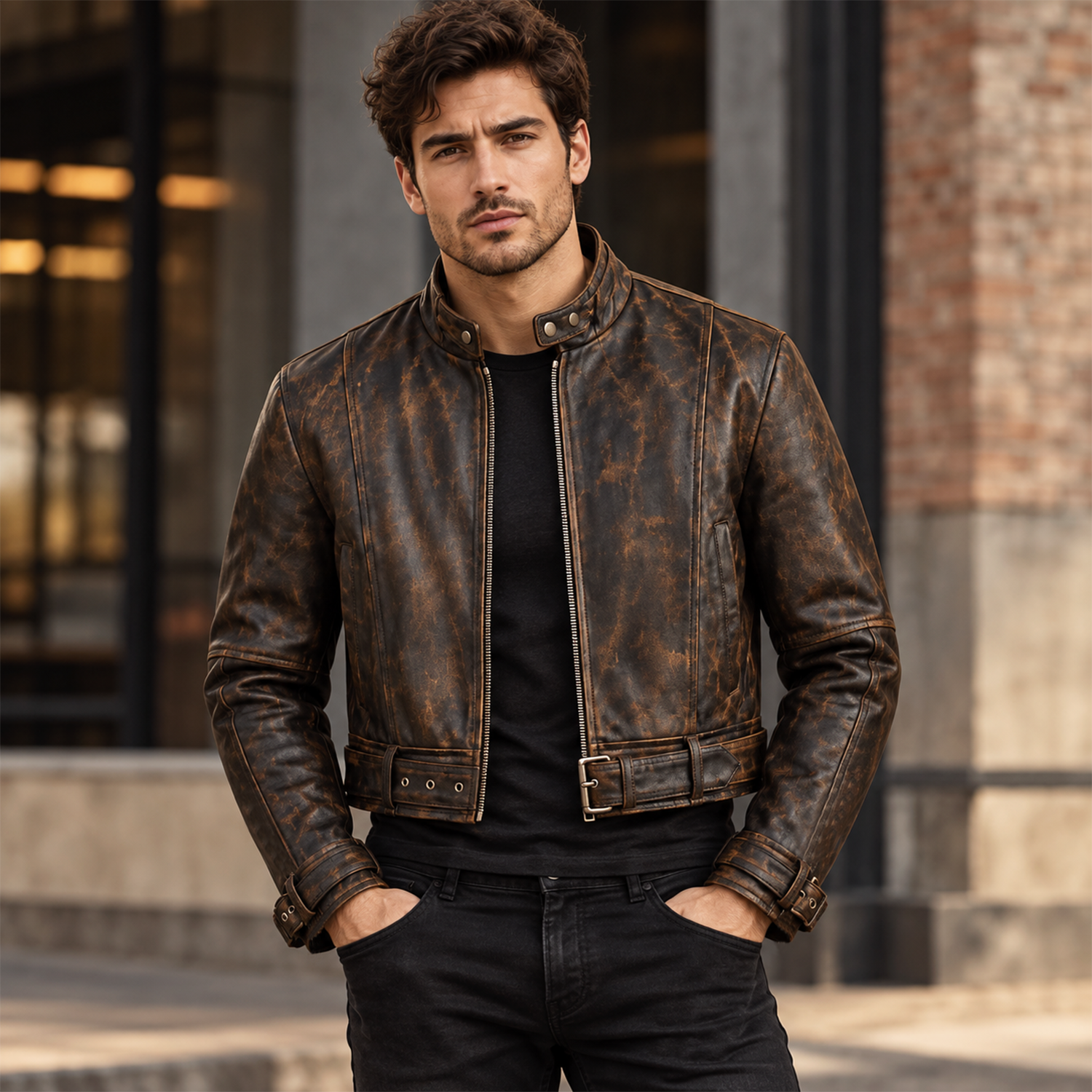 Men's Distressed Brown Leather Biker Jacket, Belted Waist Moto Style with Stand Collar and Buckled Cuffs