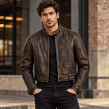 Men's Distressed Brown Leather Biker Jacket, Belted Waist Moto Style with Stand Collar and Buckled Cuffs
