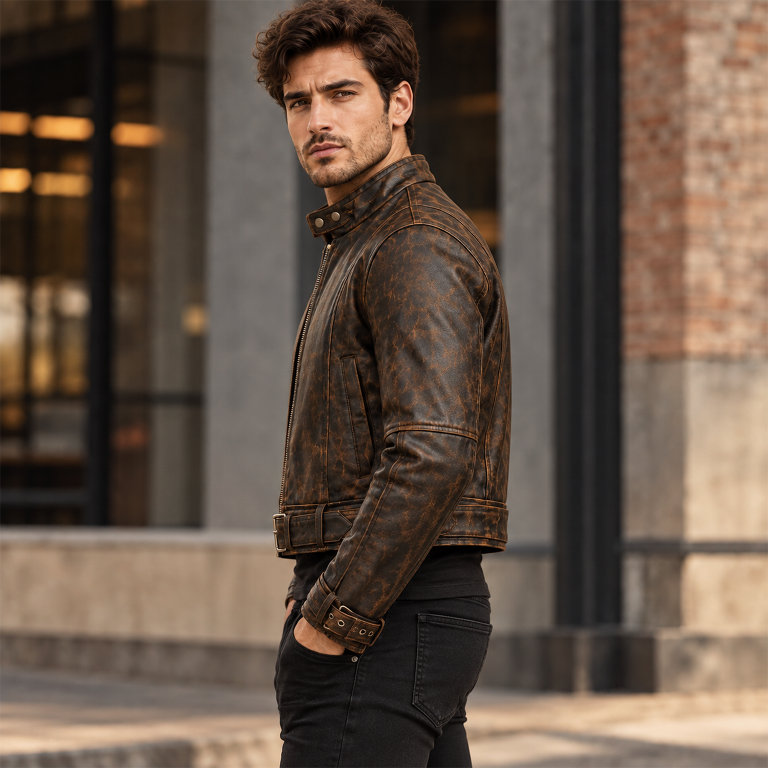 Men's Distressed Brown Leather Biker Jacket, Belted Waist Moto Style with Stand Collar and Buckled Cuffs