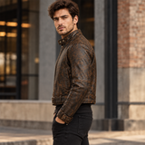 Men's Distressed Brown Leather Biker Jacket, Belted Waist Moto Style with Stand Collar and Buckled Cuffs