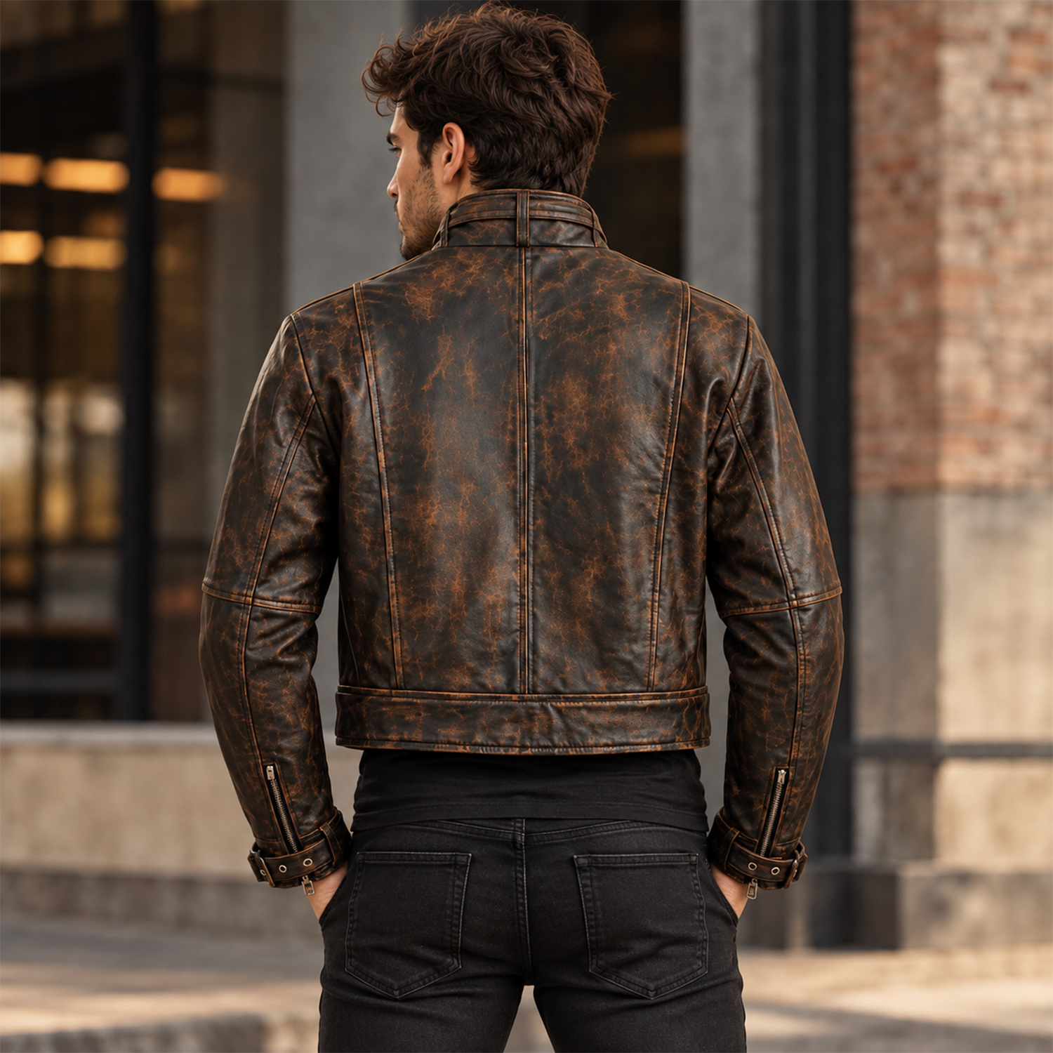 Men's Distressed Brown Leather Biker Jacket, Belted Waist Moto Style with Stand Collar and Buckled Cuffs