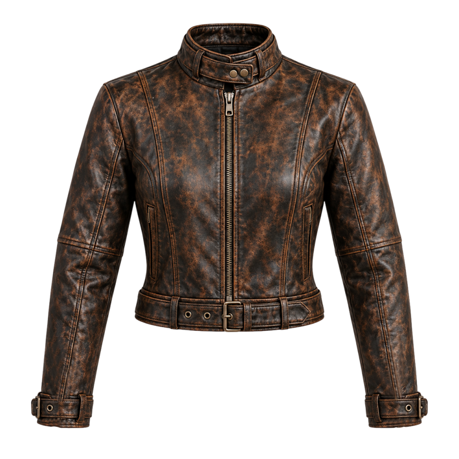 Women's Distressed Brown Leather Biker Jacket, Belted Waist Moto Style with Stand Collar and Buckled Cuffs