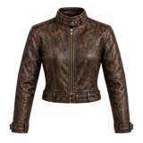 Women's Distressed Brown Leather Biker Jacket, Belted Waist Moto Style with Stand Collar and Buckled Cuffs