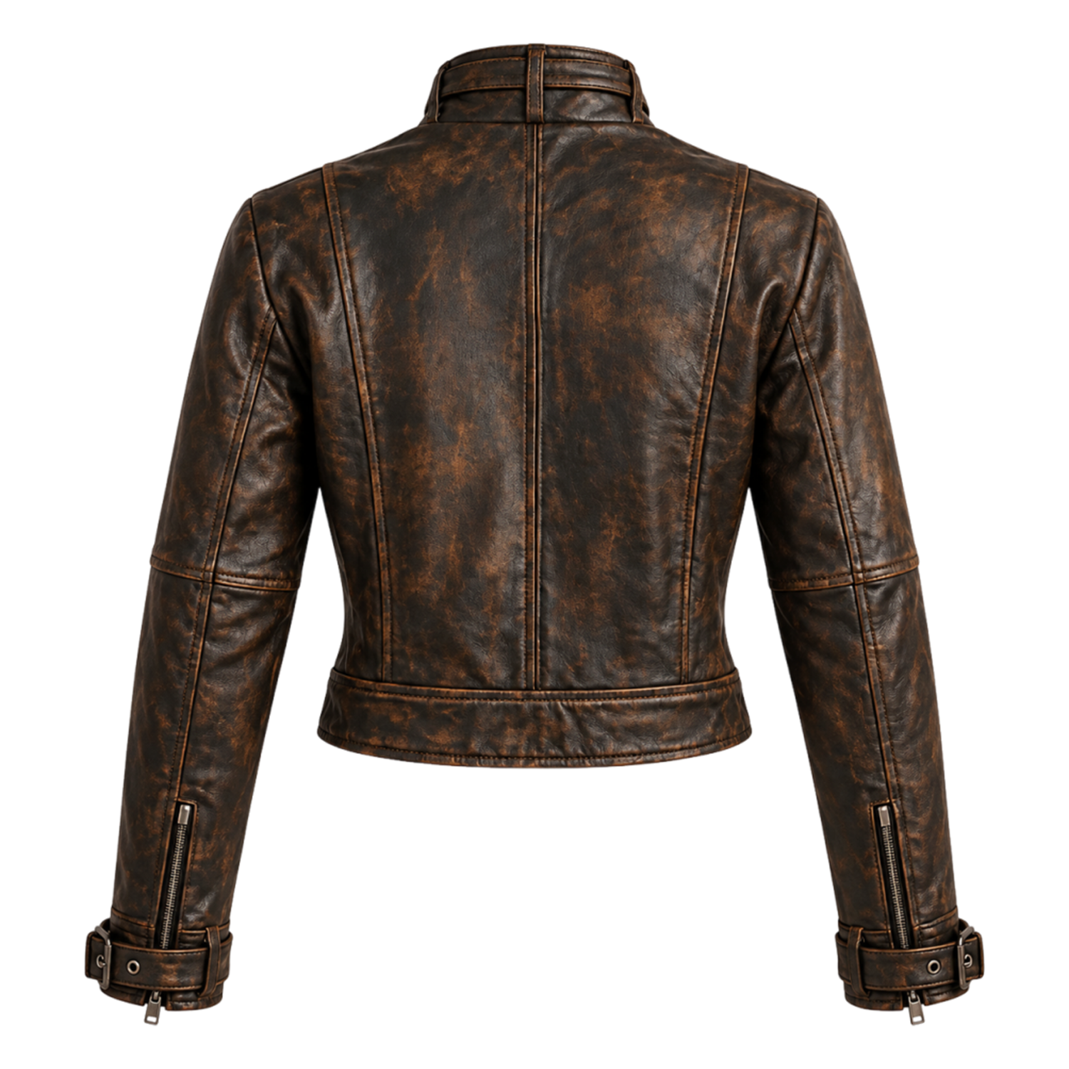 Women's Distressed Brown Leather Biker Jacket, Belted Waist Moto Style with Stand Collar and Buckled Cuffs