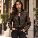 Women's Distressed Brown Leather Biker Jacket, Belted Waist Moto Style with Stand Collar and Buckled Cuffs