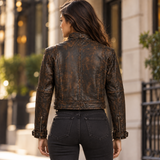 Women's Distressed Brown Leather Biker Jacket, Belted Waist Moto Style with Stand Collar and Buckled Cuffs