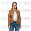 Women’s Tan Leather Jacket – Front Zip Moto Style