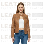 Damen Lederjacke Hellbraun – Moto-Style mit Reißverschluss vorne
