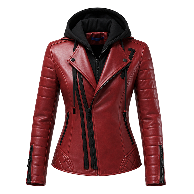 Women’s Red Hooded Leather Biker Jacket | Quilted Moto Jacket
