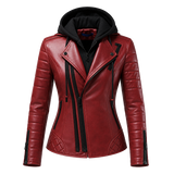 Women’s Red Hooded Leather Biker Jacket | Quilted Moto Jacket