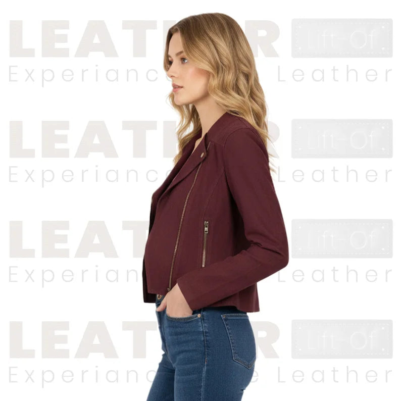 Blouson court en cuir bordeaux pour femme – Style motard zippé classique