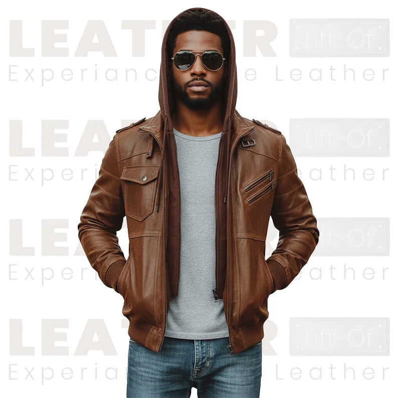 Men’s Brown Hooded Leather Bomber Jacket – Removable Hoodie, Multi-Pocket Design