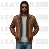 Men’s Brown Hooded Leather Bomber Jacket – Removable Hoodie, Multi-Pocket Design