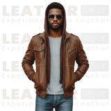 Men’s Brown Hooded Leather Bomber Jacket – Removable Hoodie, Multi-Pocket Design