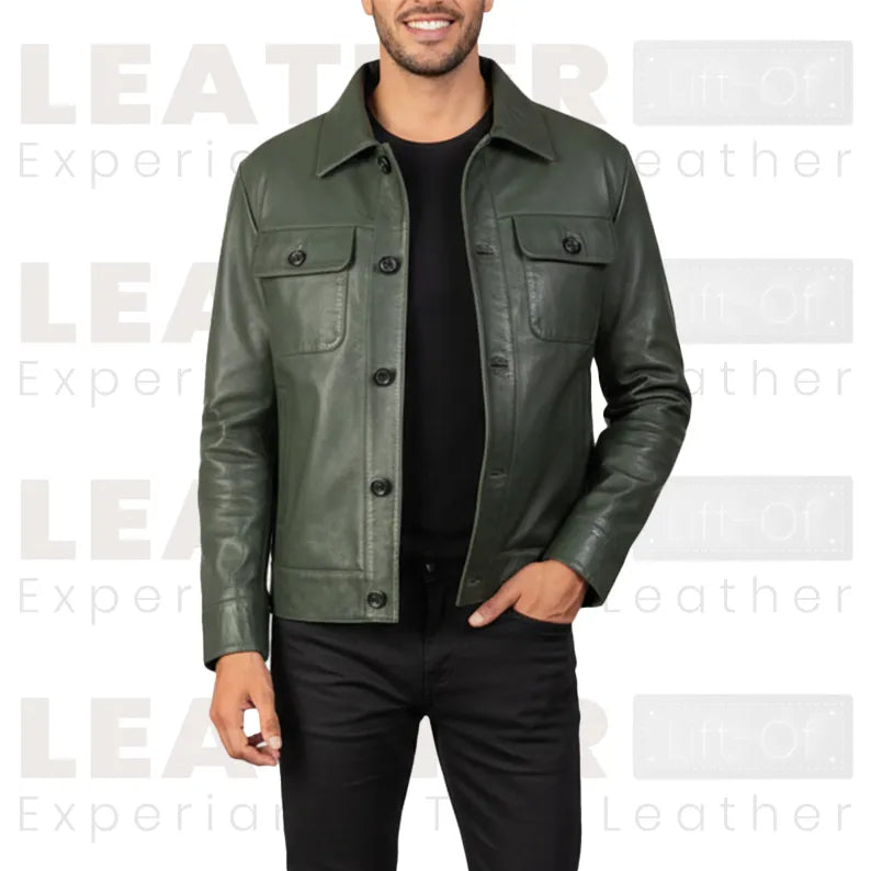 Men’s Olive Green Leather Trucker Jacket – Classic Button Front Leather Shirt Jacket