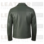 Men’s Olive Green Leather Trucker Jacket – Classic Button Front Leather Shirt Jacket