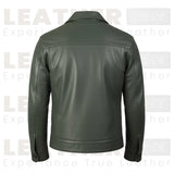 Men’s Olive Green Leather Trucker Jacket – Classic Button Front Leather Shirt Jacket