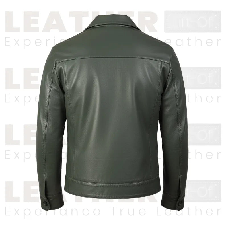 Men’s Olive Green Leather Trucker Jacket – Classic Button Front Leather Shirt Jacket