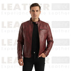 Alex Burgundy Stand Collar Leather Moto Jacket