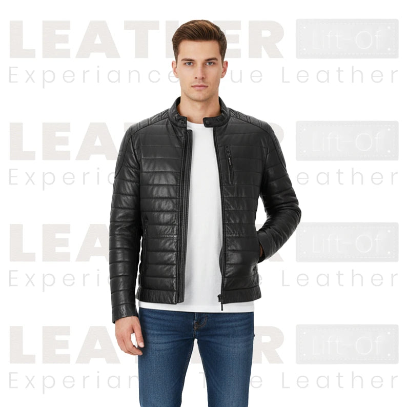 Schwarze gesteppte Bikerjacke aus Vintage-Leder für Herren