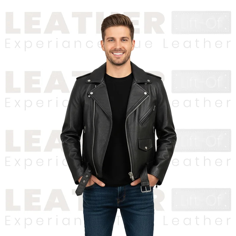 Schwarze Premium Biker-Lederjacke mit seitlicher Schnürung