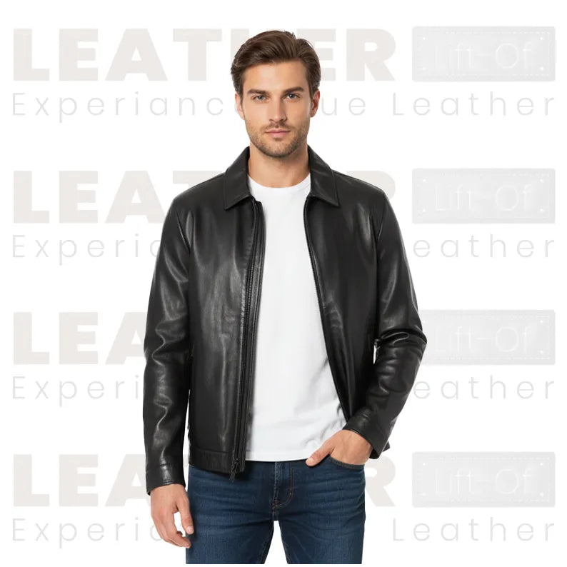 DKNY Schwarze klassische Bomberjacke aus Leder mit Umlegekragen