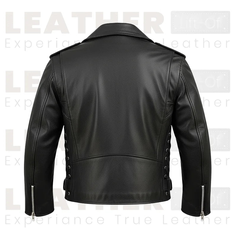 Schwarze Premium Biker-Lederjacke mit seitlicher Schnürung