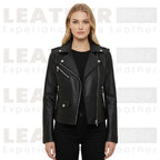 Women’s Faux Leather Biker Jacket – Classic Black Zip-Up Moto Style