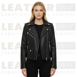 Veste de motard en similicuir pour femme – Style moto classique zippé noir