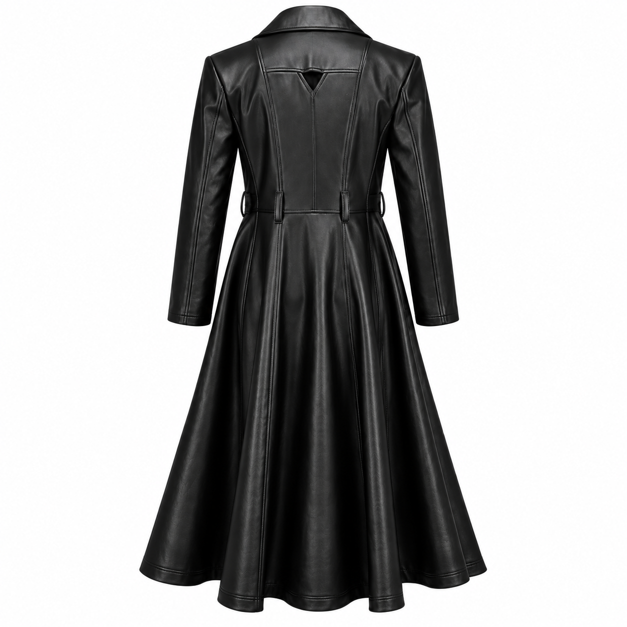 Women’s Black Leather Long Coat Gothic Elegance with a Fitted Waist & Flared Hem