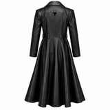 Women’s Black Leather Long Coat Gothic Elegance with a Fitted Waist & Flared Hem