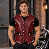 The Warriors 1979 Swan Vest – Men's Burgundy Faux Leather Biker Waistcoat with Winged Skull Back, Halloween Cosplay Costume