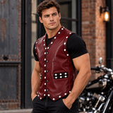 The Warriors 1979 Swan Vest – Men's Burgundy Faux Leather Biker Waistcoat with Winged Skull Back, Halloween Cosplay Costume