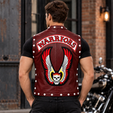 The Warriors 1979 Swan Vest – Men's Burgundy Faux Leather Biker Waistcoat with Winged Skull Back, Halloween Cosplay Costume