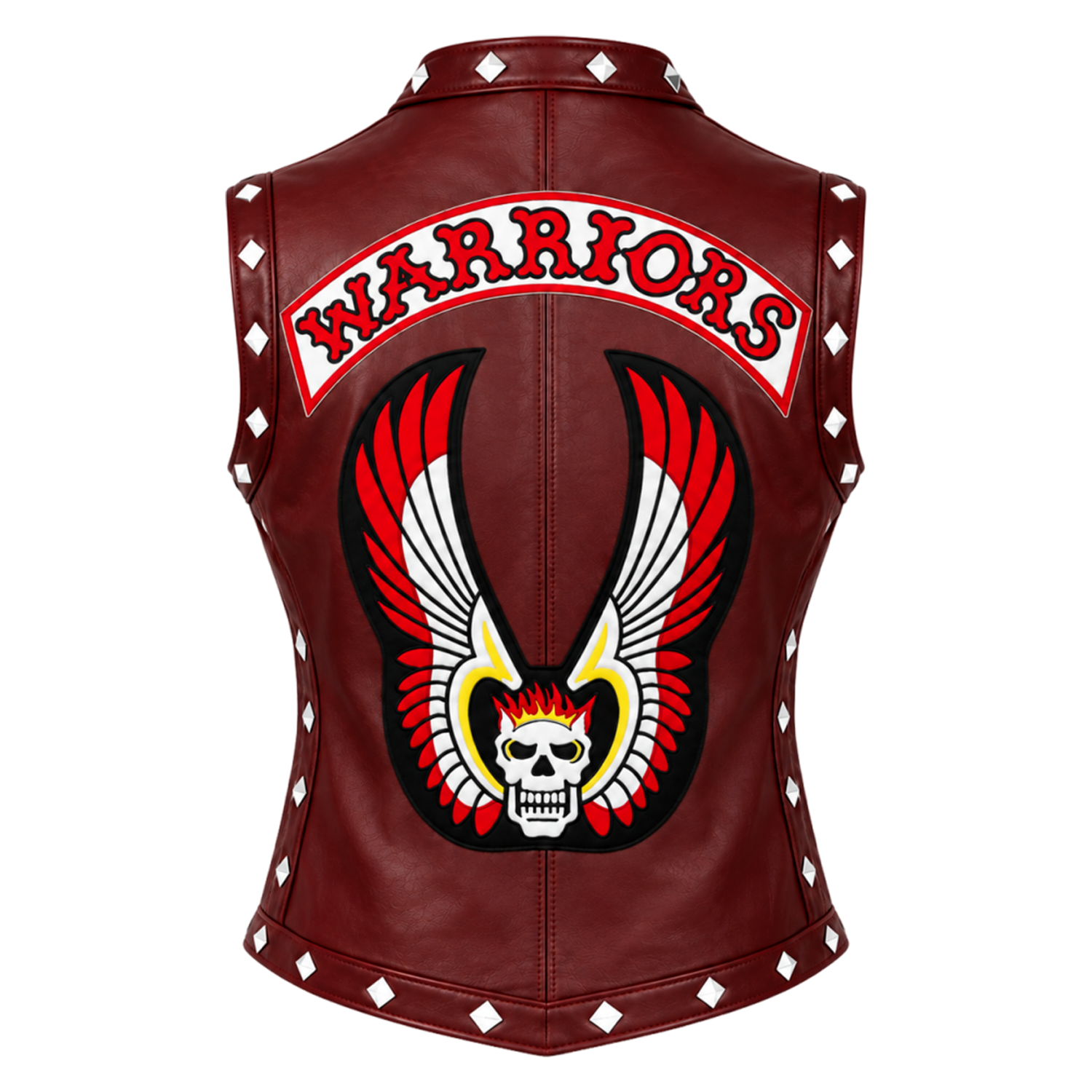 Women's The Warriors 1979 Inspired Vest – Burgundy Faux Leather Biker Waistcoat with Winged Skull Back, Halloween Cosplay Costume
