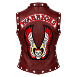 Women's The Warriors 1979 Inspired Vest – Burgundy Faux Leather Biker Waistcoat with Winged Skull Back, Halloween Cosplay Costume
