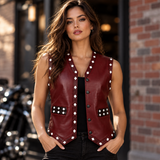 Women's The Warriors 1979 Inspired Vest – Burgundy Faux Leather Biker Waistcoat with Winged Skull Back, Halloween Cosplay Costume