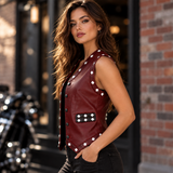 Women's The Warriors 1979 Inspired Vest – Burgundy Faux Leather Biker Waistcoat with Winged Skull Back, Halloween Cosplay Costume
