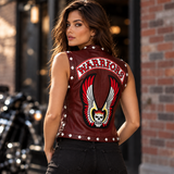 Women's The Warriors 1979 Inspired Vest – Burgundy Faux Leather Biker Waistcoat with Winged Skull Back, Halloween Cosplay Costume