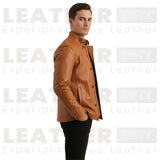 Blouson en cuir marron fauve pour homme – Manteau en cuir classique à col montant pour tenue décontractée et habillée