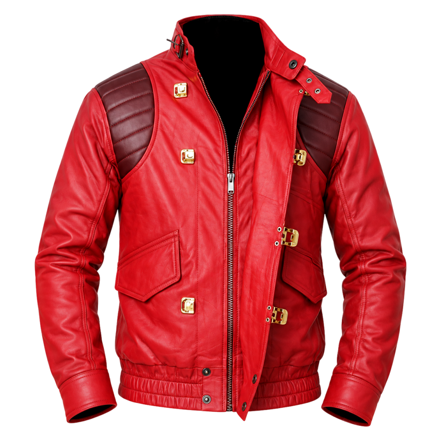 Akira Kaneda Jacket – Men's Red Leather Biker Jacket with Capsule Back, Burgundy Quilted Shoulders and Gold-Tone Clasps, Anime Cosplay Costume