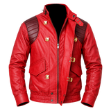 Akira Kaneda Jacket – Men's Red Leather Biker Jacket with Capsule Back, Burgundy Quilted Shoulders and Gold-Tone Clasps, Anime Cosplay Costume