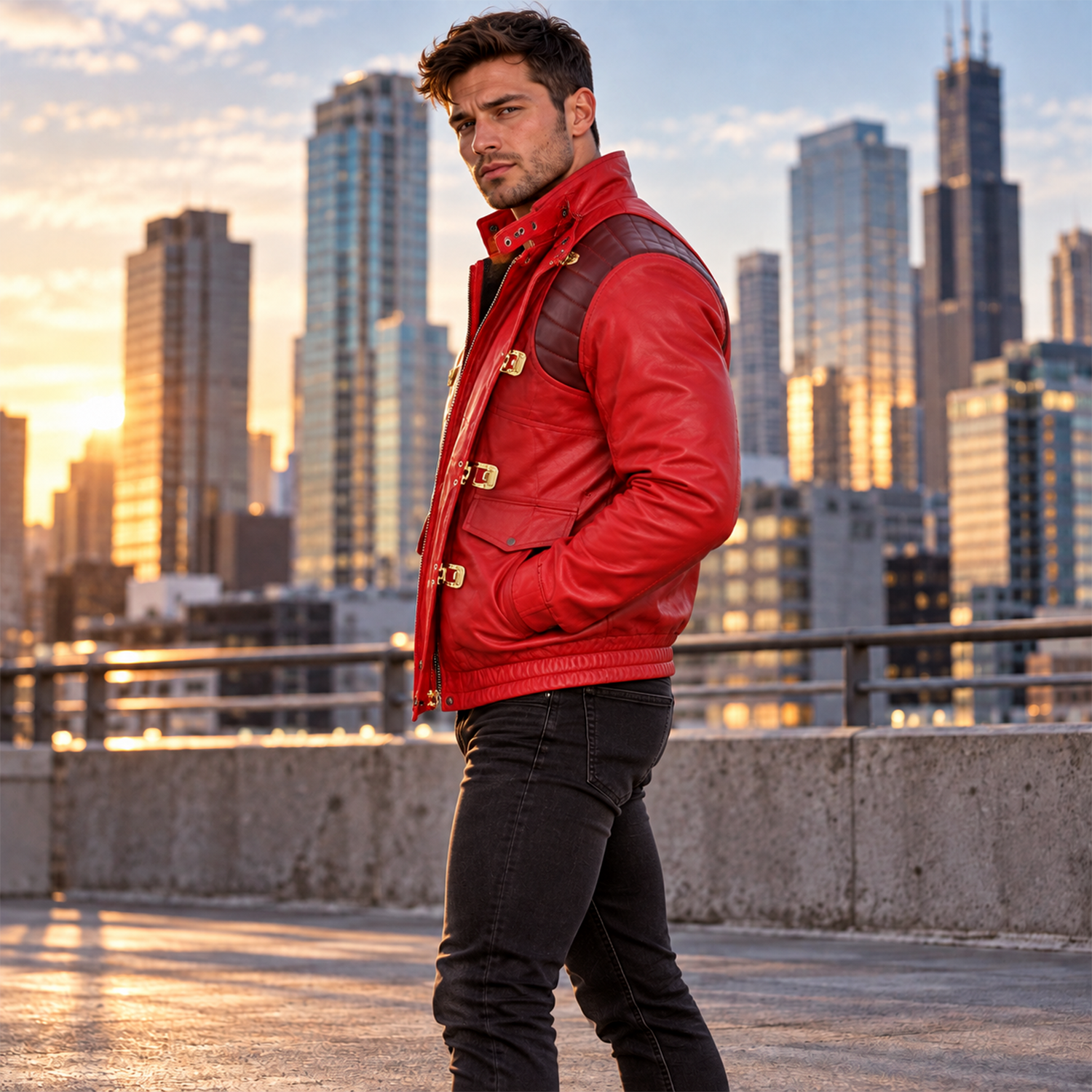 Akira Kaneda Jacket – Men's Red Leather Biker Jacket with Capsule Back, Burgundy Quilted Shoulders and Gold-Tone Clasps, Anime Cosplay Costume