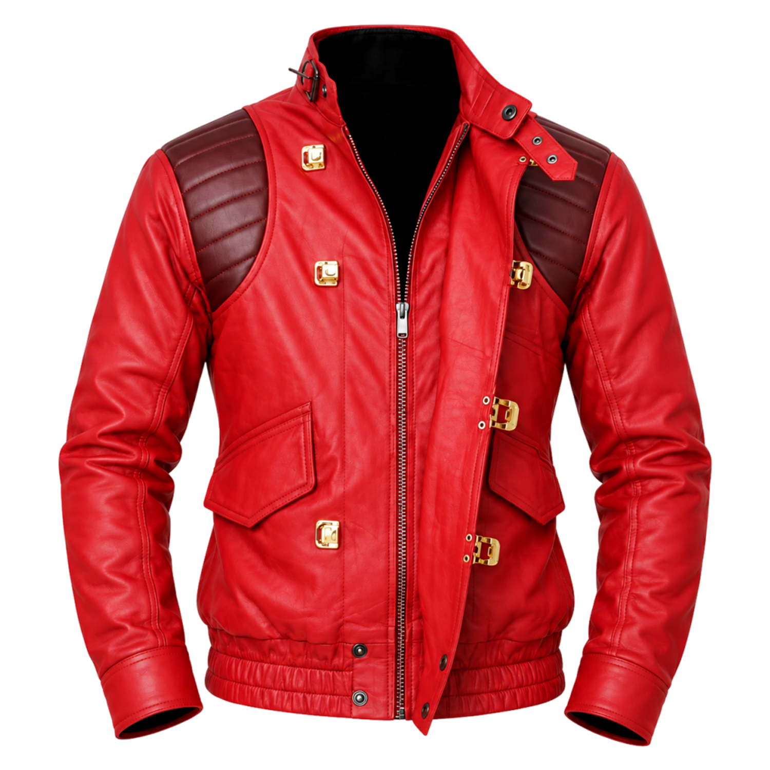 Women's Akira Kaneda Inspired Jacket – Red Leather Biker Jacket with Capsule Back, Burgundy Quilted Shoulders and Gold-Tone Clasps, Anime Cosplay Costume