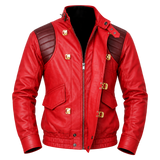 Women's Akira Kaneda Inspired Jacket – Red Leather Biker Jacket with Capsule Back, Burgundy Quilted Shoulders and Gold-Tone Clasps, Anime Cosplay Costume